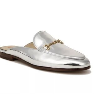 Sam Edelman Linnie mules in a soft silver metallic leather finish.  9